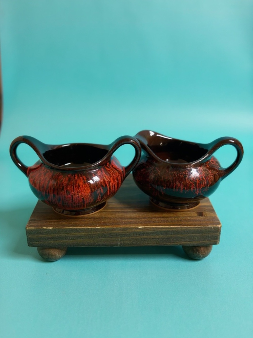 Vintage Evangeline Pottery Canada Orange Brown Drip Glaze Cream Sugar Set
